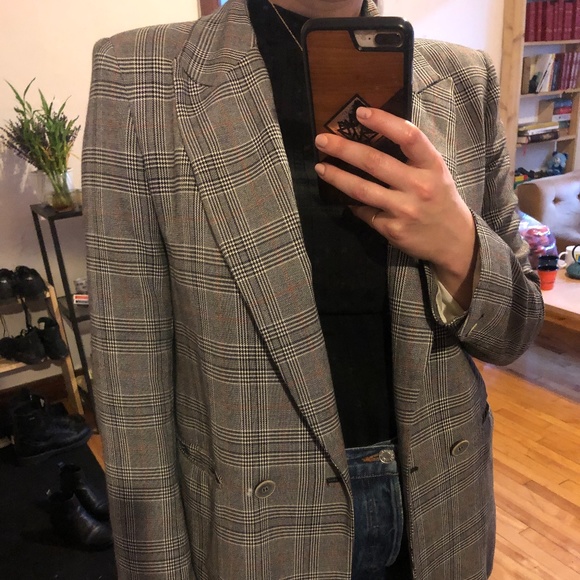 Houndstooth Plaid Grey Black White and red blazer